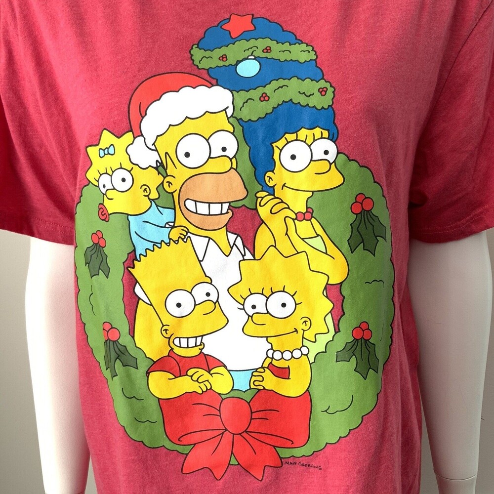 The Simpsons Simpson Family Christmas Graphic Crew Neck T-shirt Red L